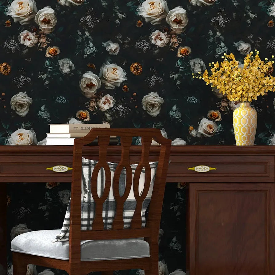 Black Floral Wallpaper Peel and Stick, White Golden Rose Flowers Contact Paper 17.5" x 118", Dark Botanical Wall Paper Removable Self Adhesive Waterproof for Room Shelves Cabinet Drawer Table Decor