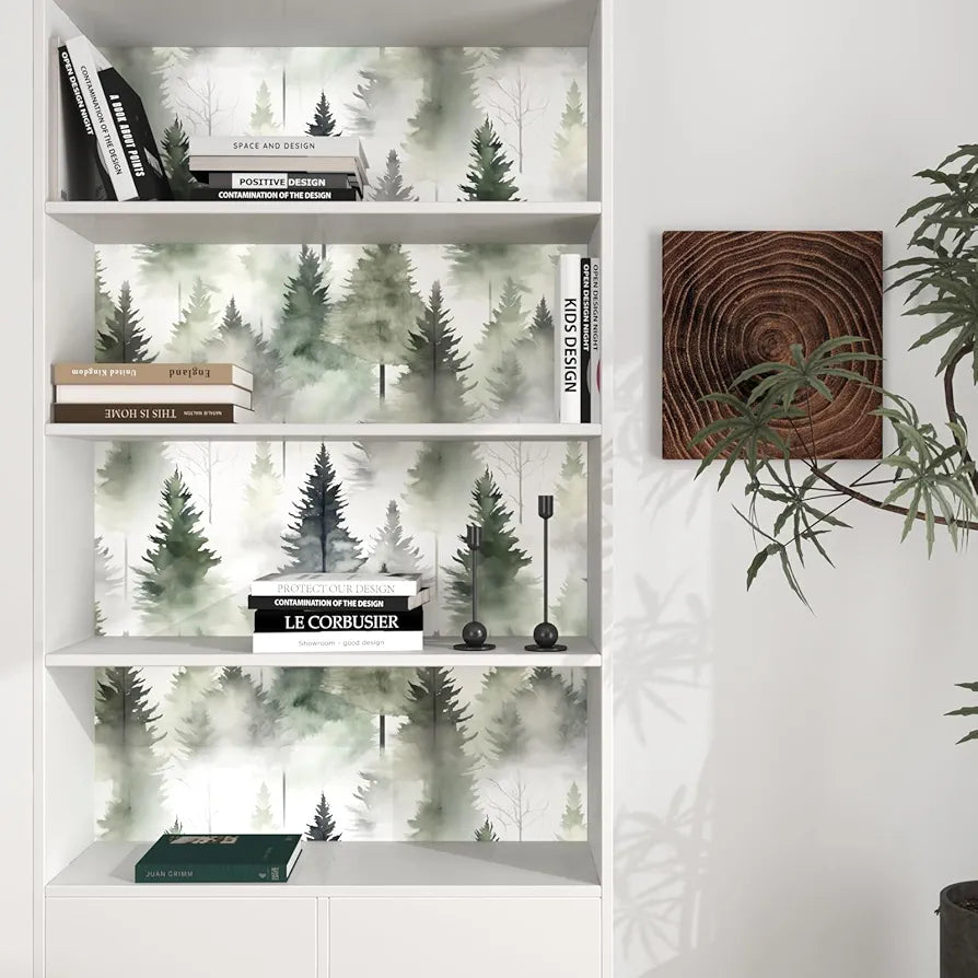 Foggy Forest Wallpaper Peel and Stick Misty Woodland Wall Mural Green Tree Contact Paper Waterproof Self-Adhesive Modern Wall Paper for Bedroom Cabinet Drawer Decor 17.5in x118in
