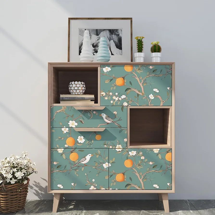 Green Floral Wallpaper Peel and Stick, Birds Contact Paper Orange Fruits,White Flowers Botanical Boho Wall Paper Self Adhesive Waterproof Removable for Room Shelves Cabinet Drawer Table 17.5" x 118"