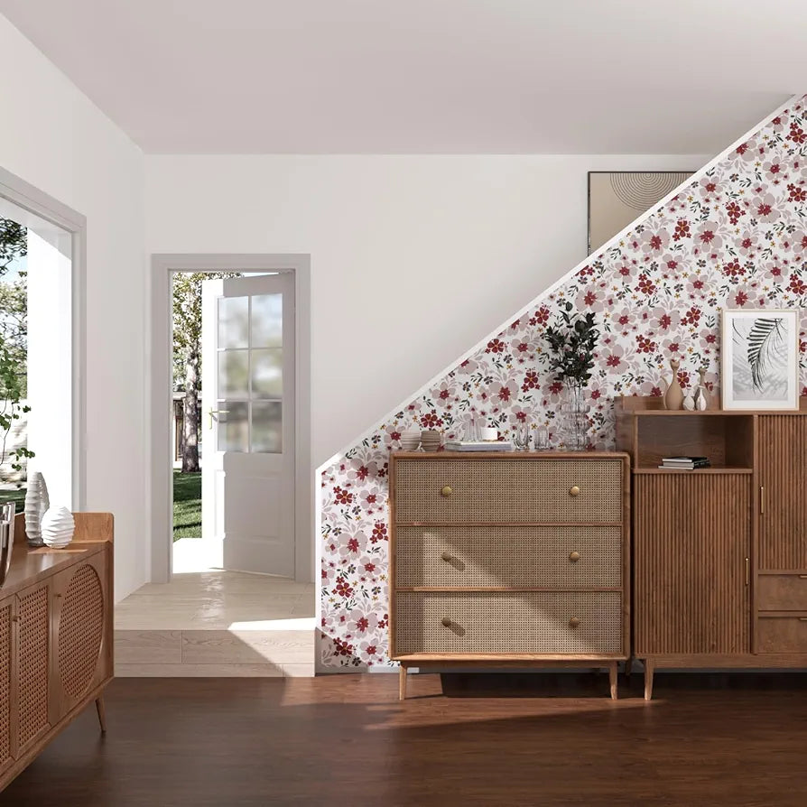 Floral Wallpaper Peel and Stick 17.5" x 118" Red Flower Contact Paper, Self-Adhesive Removable Wallpaper, Waterproof, Vinyl Shivering Wall Covering for Bedroom Cabinet Countertop Decor