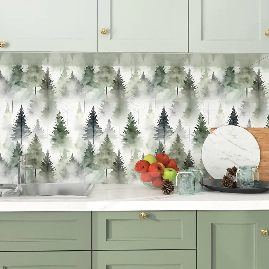 Foggy Forest Wallpaper Peel and Stick Misty Woodland Wall Mural Green Tree Contact Paper Waterproof Self-Adhesive Modern Wall Paper for Bedroom Cabinet Drawer Decor 17.5in x118in