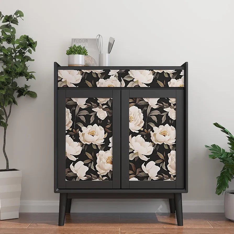 Floral Wallpaper Peel and Stick, Black/Beige Contact Paper Large Peony Flowers 17.5" x 118", Vintage Wall Paper Mural Self Adhesive Removable Waterproof for Room Bedroom Shelves Cabinet Drawer Table