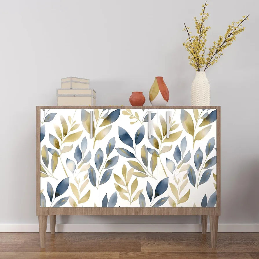 Leaf Wallpaper Peel and Stick, Golden Blue Leaves Contact Paper 17.5" x 118", White Gold Botanical Wall Paper Self Adhesive Waterproof Removable for Room Shelves Cabinet Drawer Table Decor