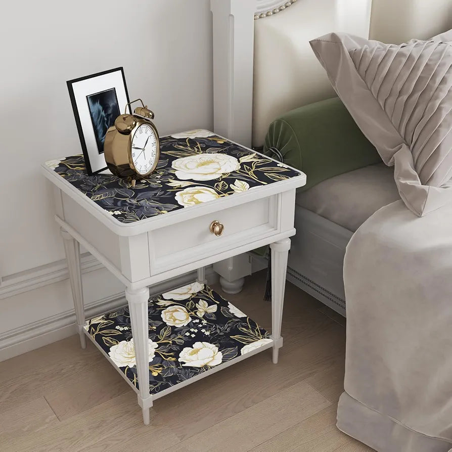 Boho White Gold Floral Wallpaper Peel and Stick Dark Blue Contact Paper 17.5“x118” Vinyl Waterproof Self Adhesive Botanical Wall Paper for Cabinet Drawer Walls Bathroom