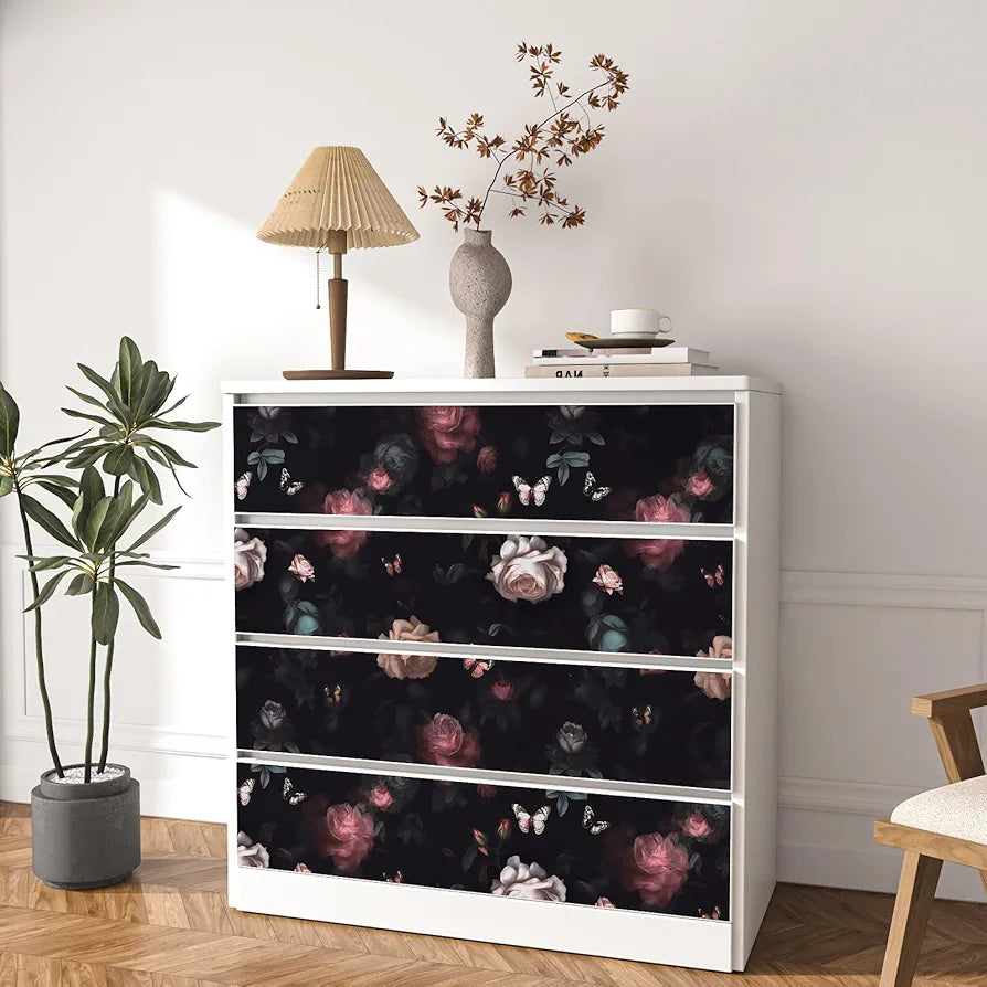 Dark Pink Floral Wallpaper Peel and Stick Pink Rose Flowers Contact Paper Black Floral Wallpaper Boho Wall Paper Self Adhesive Waterproof Removable for Room Shelves Cabinet Drawer Table 17.5" x 118"