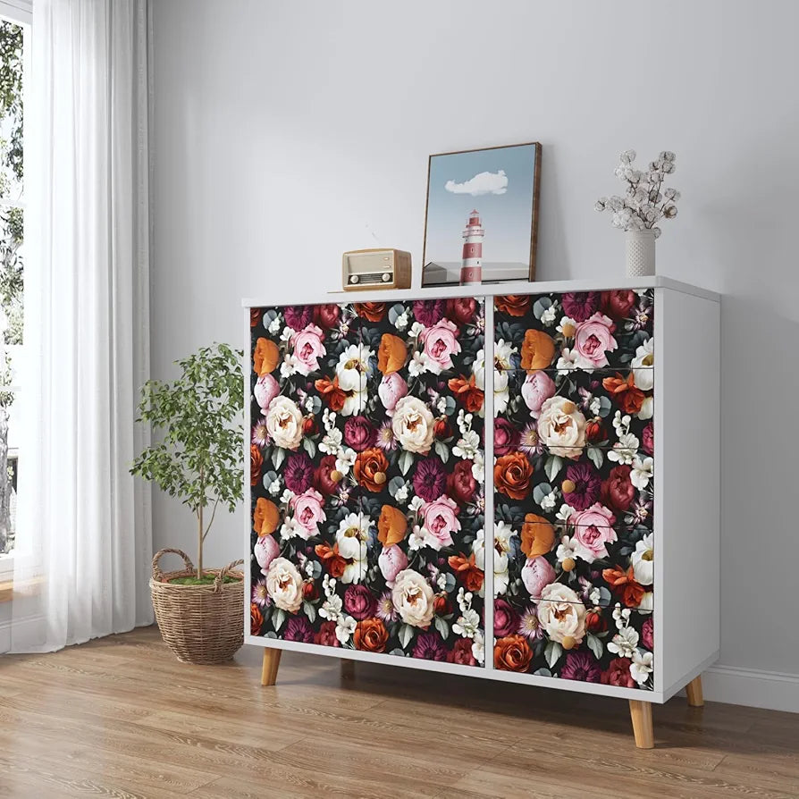 Floral Wallpaper Peel and Stick, Rose Flowers Contact Paper 17.5" x 118", Modern Wall Paper Self Adhesive Removable Waterproof for Room Walls Shelves Cabinet Drawer Table Decor