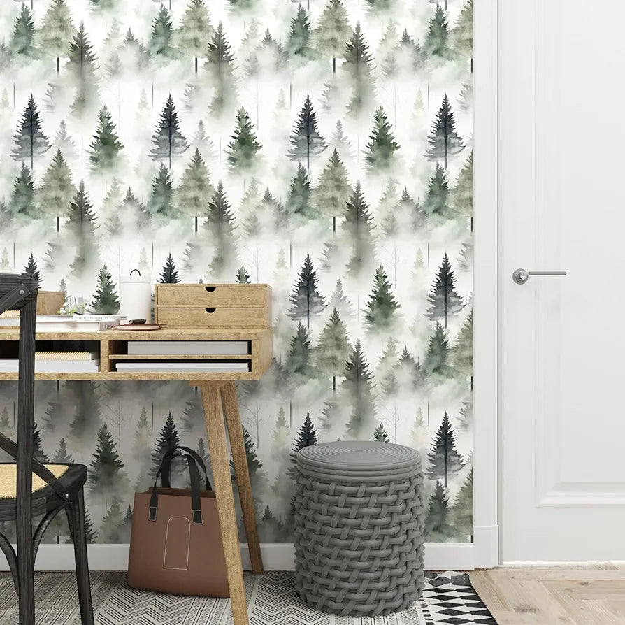 Foggy Forest Wallpaper Peel and Stick Misty Woodland Wall Mural Green Tree Contact Paper Waterproof Self-Adhesive Modern Wall Paper for Bedroom Cabinet Drawer Decor 17.5in x118in