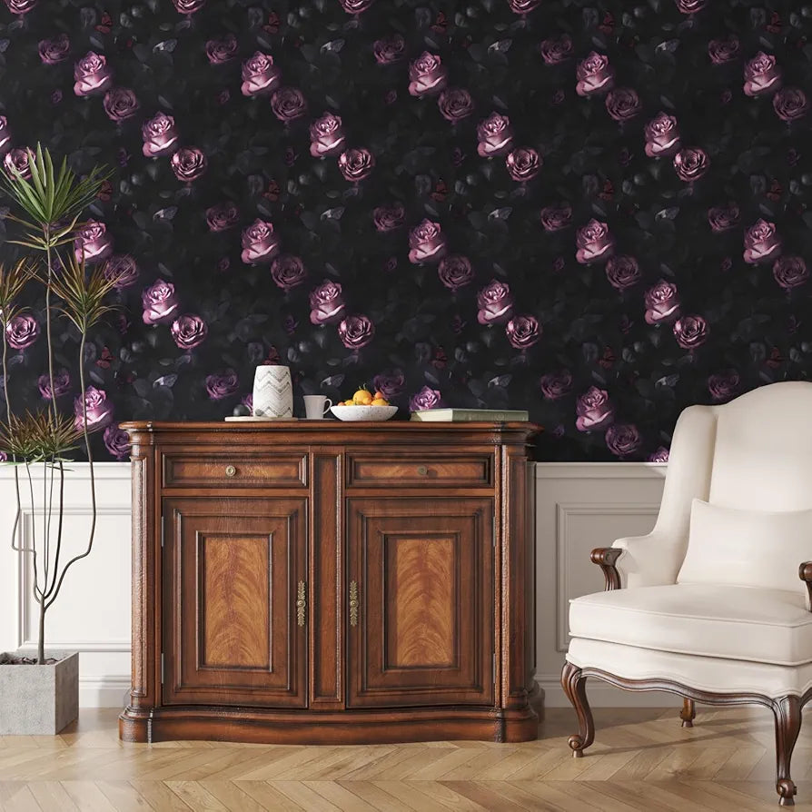 Dark Floral Wallpaper Peel and Stick, Vintage Black Contact Paper Pink Rose Flowers 17.5" x 118", Wall Paper Murals Removable Self Adhesive Waterproof for Bedroom Shelves Cabinet Drawer Table