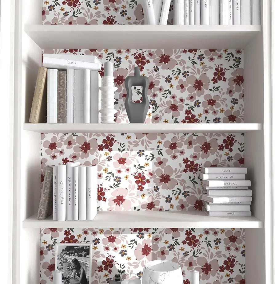 Floral Wallpaper Peel and Stick 17.5" x 118" Red Flower Contact Paper, Self-Adhesive Removable Wallpaper, Waterproof, Vinyl Shivering Wall Covering for Bedroom Cabinet Countertop Decor