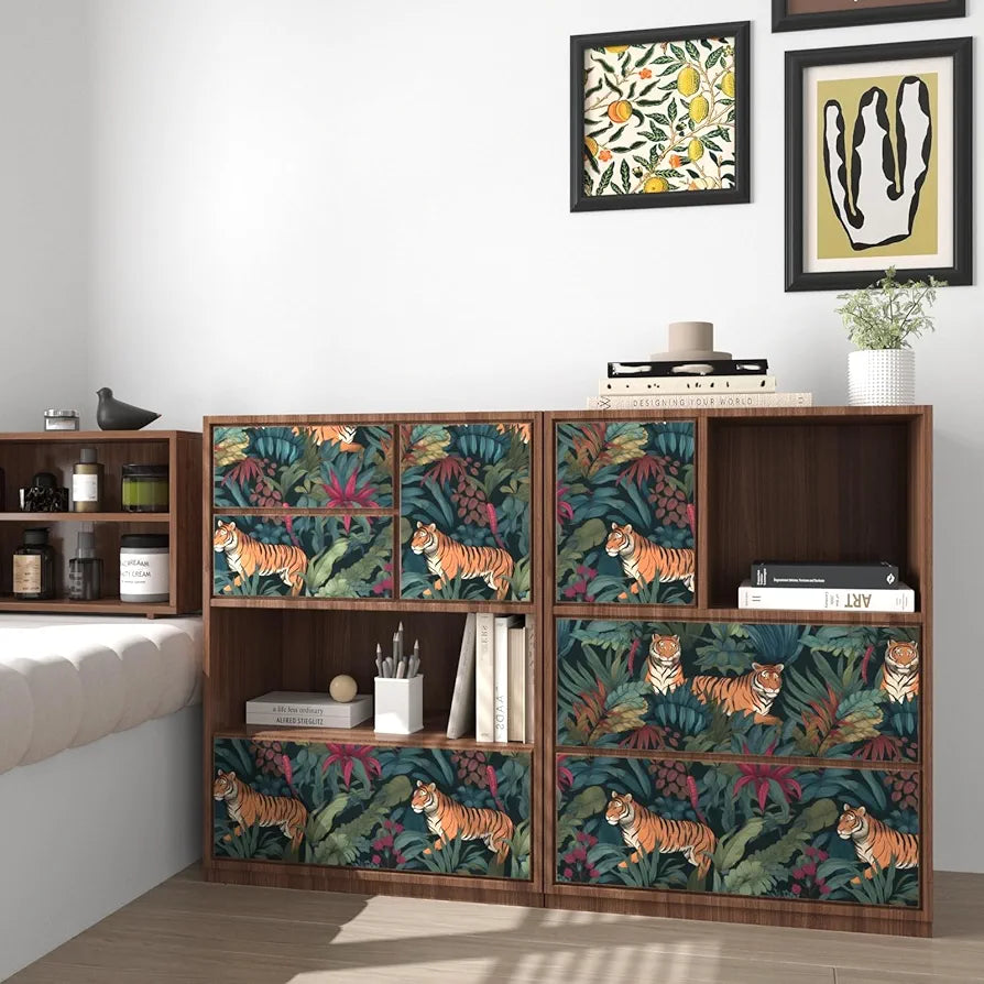 Tropical Tiger Wallpaper Peel and Stick Boho Wallpaper 17.5 x 118In Green Leaf Contact Paper Vinyl Removable Self-Adhesive Jungle Animal Vintage Floral Wall Paper for Drawer Bedroom Countertop