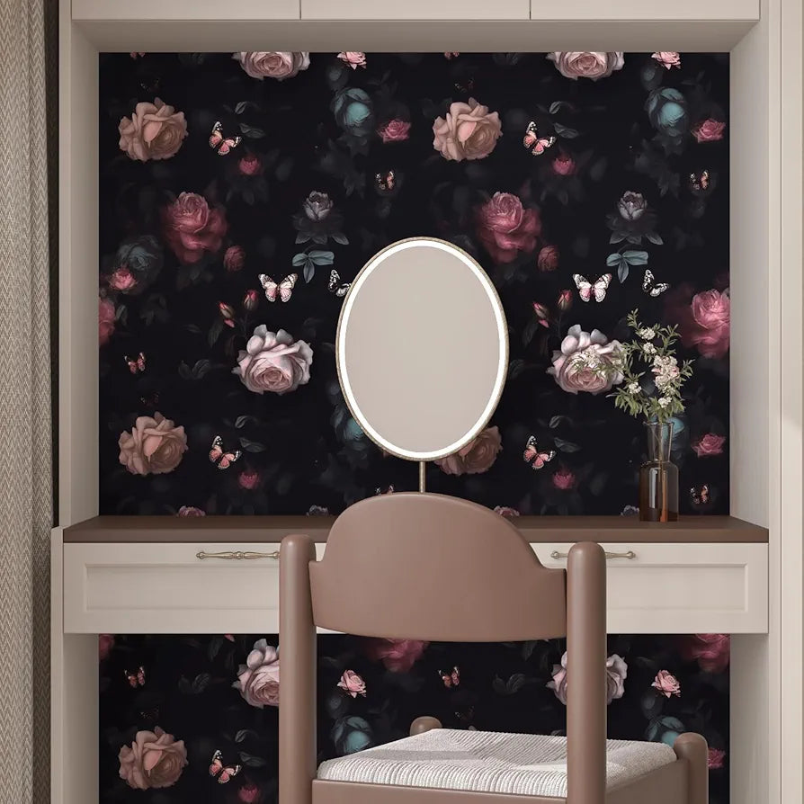 Dark Pink Floral Wallpaper Peel and Stick Pink Rose Flowers Contact Paper Black Floral Wallpaper Boho Wall Paper Self Adhesive Waterproof Removable for Room Shelves Cabinet Drawer Table 17.5" x 118"