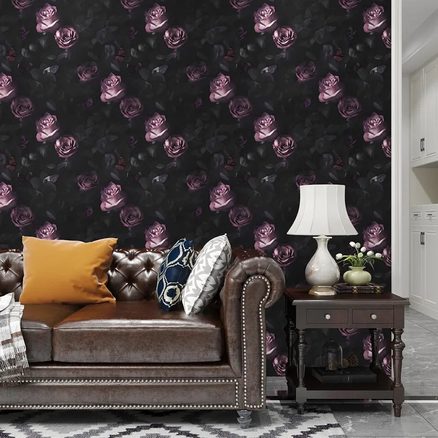 Dark Floral Wallpaper Peel and Stick, Vintage Black Contact Paper Pink Rose Flowers 17.5" x 118", Wall Paper Murals Removable Self Adhesive Waterproof for Bedroom Shelves Cabinet Drawer Table