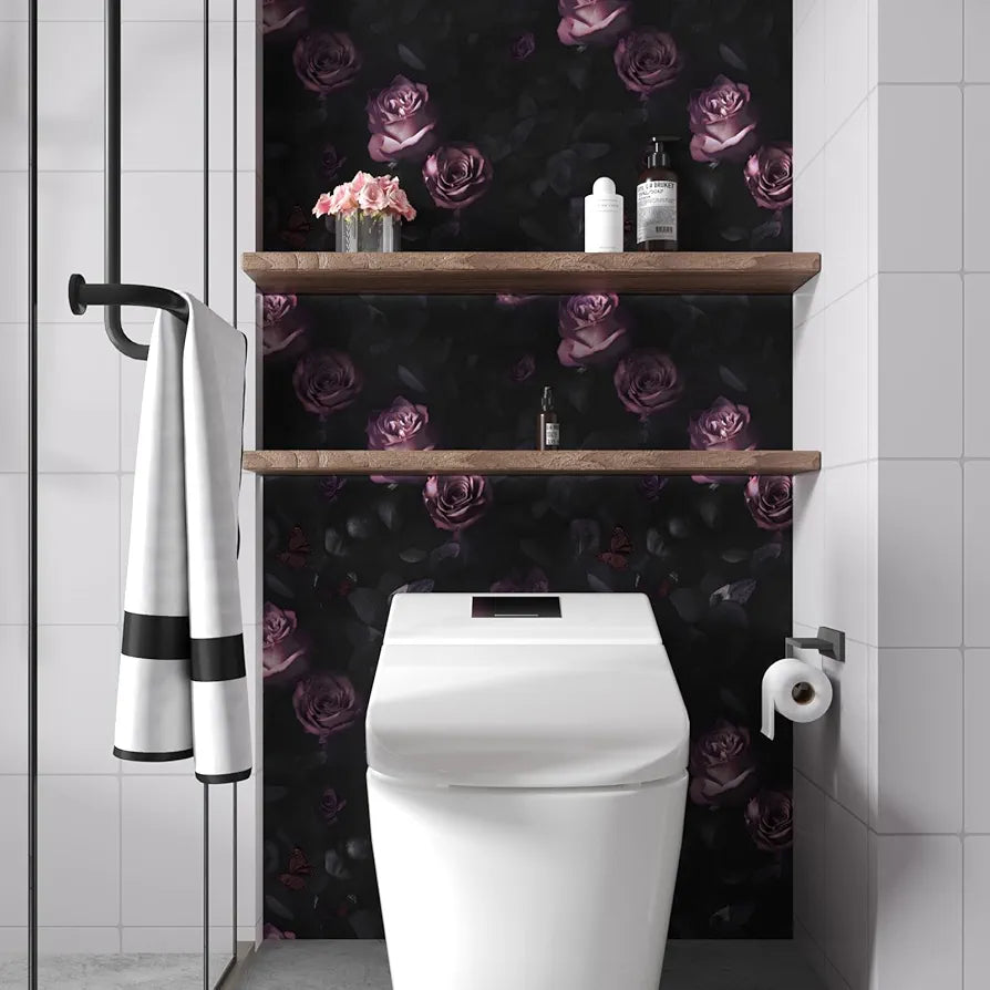 Dark Floral Wallpaper Peel and Stick, Vintage Black Contact Paper Pink Rose Flowers 17.5" x 118", Wall Paper Murals Removable Self Adhesive Waterproof for Bedroom Shelves Cabinet Drawer Table