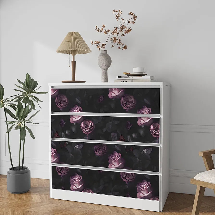 Dark Floral Wallpaper Peel and Stick, Vintage Black Contact Paper Pink Rose Flowers 17.5" x 118", Wall Paper Murals Removable Self Adhesive Waterproof for Bedroom Shelves Cabinet Drawer Table