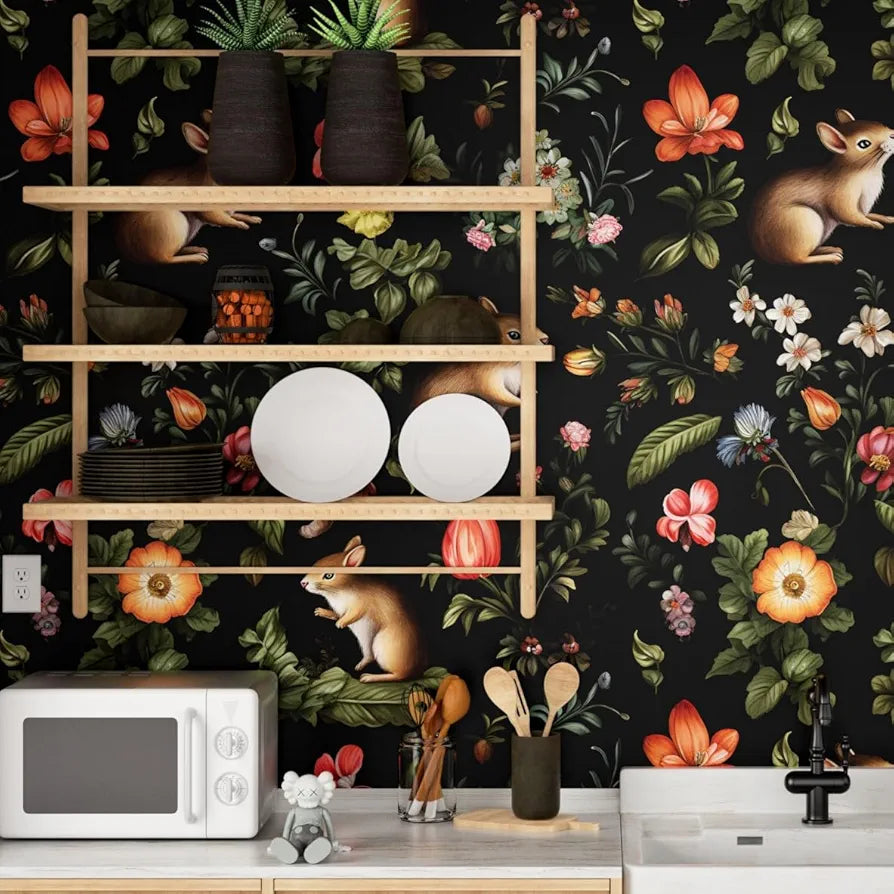 Squirrels Wallpaper Peel and Stick Forest Animals Wallpaper Fairytale Contact Paper for Kid’s Rooms Boho Self Adhesive Wall Mural for Cabinets Shelf Walls Decor 17.5in x 118in
