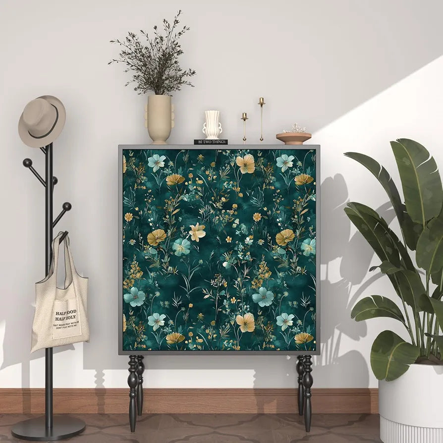 Teal/Blue/Yellow Floral Peel and Stick Wallpaper Boho Wallpaper 17.5"x118" Vintage Wildflowers Contact Paper Waterproof Self Adhesive Modern Stick on Wall Paper for Bedroom Walls Table Cabinet
