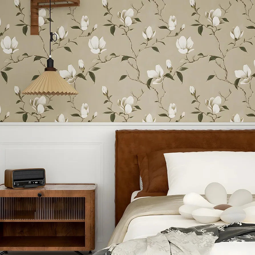 Floral Wallpaper Peel and Stick Vintage Flowers Contact Paper Waterproof Self Adhesive Removable Khaki Botanical Modern Wall Paper for Bedroom Walls Cabinet Locker 17.5" X 118"
