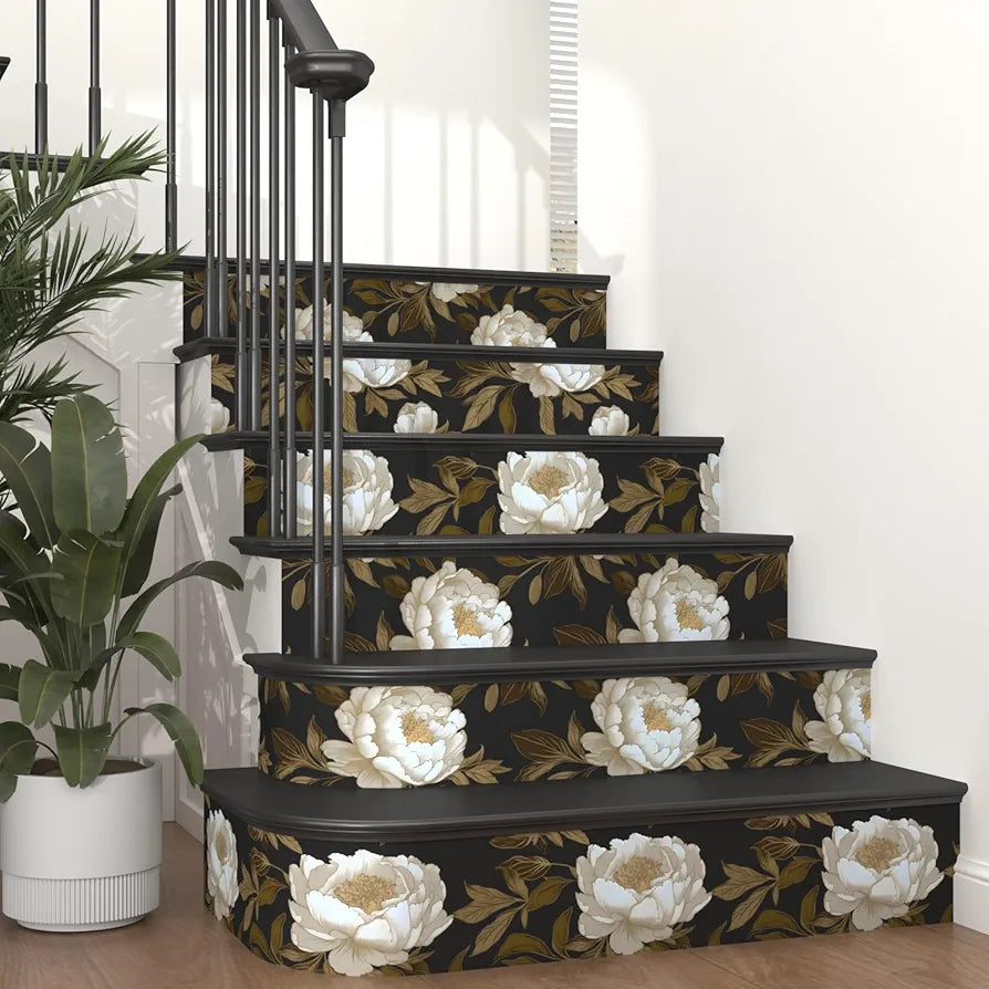 Peony Floral Wallpaper Peel and Stick Gold Leaf Contact Paper Modern Floral Wallpaper Self Adhesive Waterproof Boho Botanical Wall Paper for Room Shelves Cabinet Drawer Table Decor 17.5"x118"