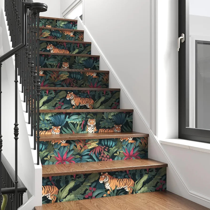 Tropical Tiger Wallpaper Peel and Stick Boho Wallpaper 17.5 x 118In Green Leaf Contact Paper Vinyl Removable Self-Adhesive Jungle Animal Vintage Floral Wall Paper for Drawer Bedroom Countertop