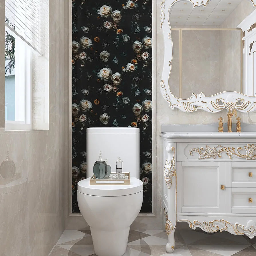 Black Floral Wallpaper Peel and Stick, White Golden Rose Flowers Contact Paper 17.5" x 118", Dark Botanical Wall Paper Removable Self Adhesive Waterproof for Room Shelves Cabinet Drawer Table Decor