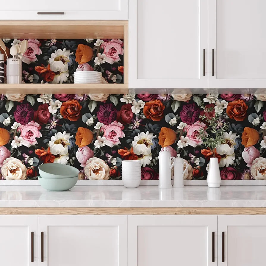 Floral Wallpaper Peel and Stick, Rose Flowers Contact Paper 17.5" x 118", Modern Wall Paper Self Adhesive Removable Waterproof for Room Walls Shelves Cabinet Drawer Table Decor