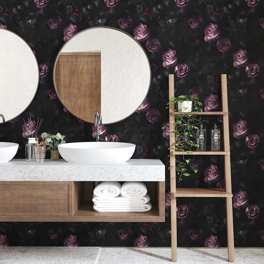 Dark Floral Wallpaper Peel and Stick, Vintage Black Contact Paper Pink Rose Flowers 17.5" x 118", Wall Paper Murals Removable Self Adhesive Waterproof for Bedroom Shelves Cabinet Drawer Table