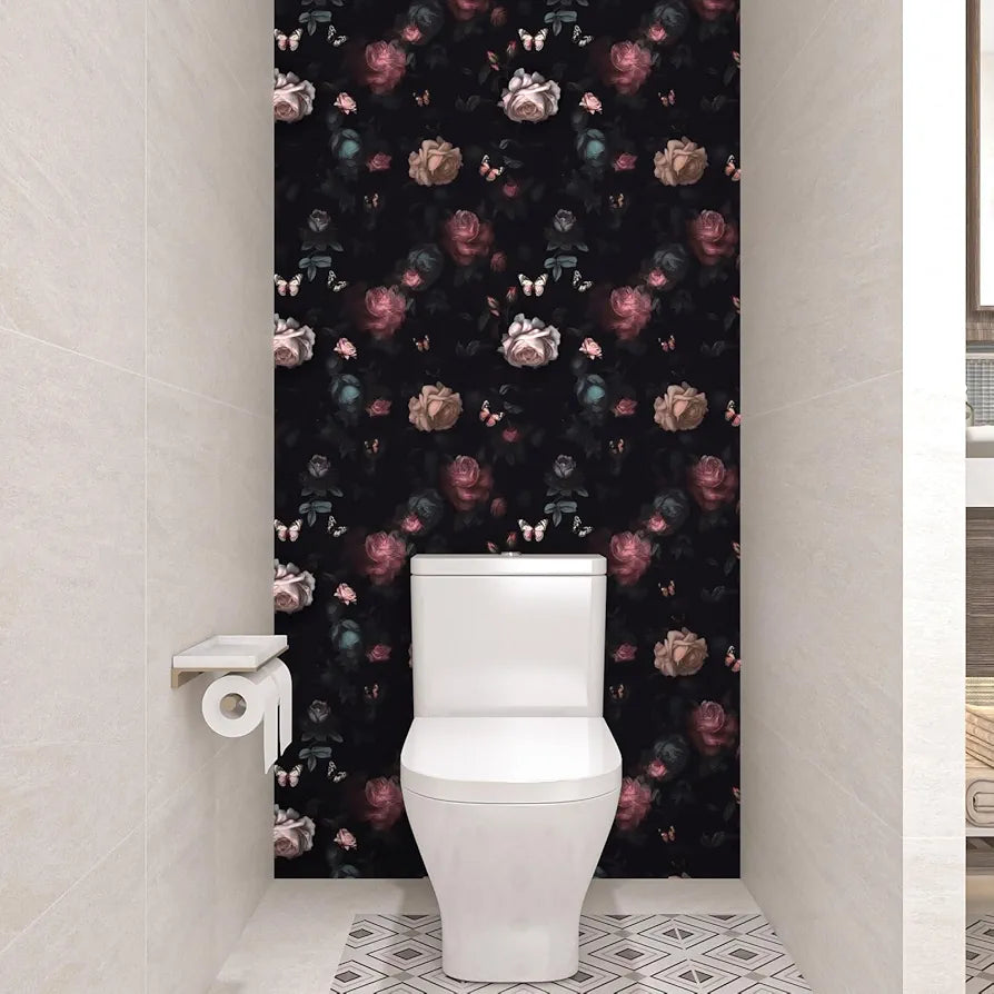 Dark Pink Floral Wallpaper Peel and Stick Pink Rose Flowers Contact Paper Black Floral Wallpaper Boho Wall Paper Self Adhesive Waterproof Removable for Room Shelves Cabinet Drawer Table 17.5" x 118"