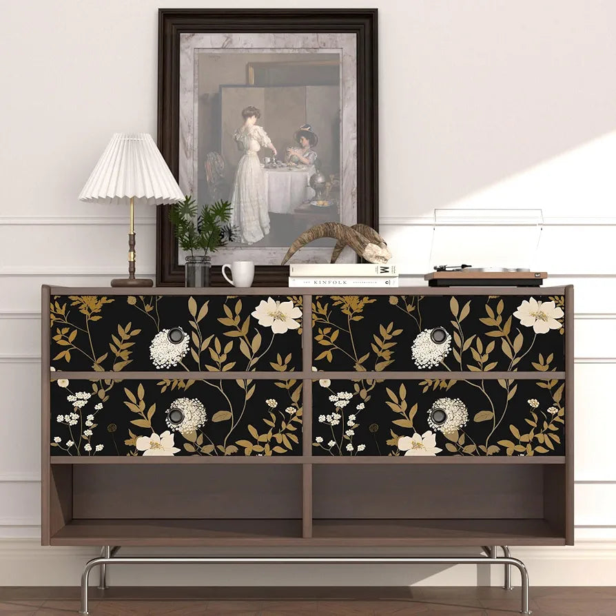 Dark Floral Peel and Stick Wallpaper 17.5in x118in Vintage Black Gold Leaf Wallpaper Vinyl Waterproof Self-Adhesive Boho Botanical Wall Paper Mural for Kitchen Countertop Locker Walls