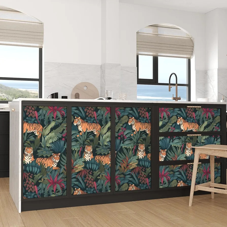 Tropical Tiger Wallpaper Peel and Stick Boho Wallpaper 17.5 x 118In Green Leaf Contact Paper Vinyl Removable Self-Adhesive Jungle Animal Vintage Floral Wall Paper for Drawer Bedroom Countertop
