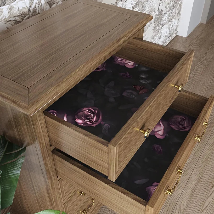 Dark Floral Wallpaper Peel and Stick, Vintage Black Contact Paper Pink Rose Flowers 17.5" x 118", Wall Paper Murals Removable Self Adhesive Waterproof for Bedroom Shelves Cabinet Drawer Table