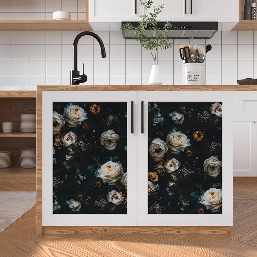 Black Floral Wallpaper Peel and Stick, White Golden Rose Flowers Contact Paper 17.5" x 118", Dark Botanical Wall Paper Removable Self Adhesive Waterproof for Room Shelves Cabinet Drawer Table Decor