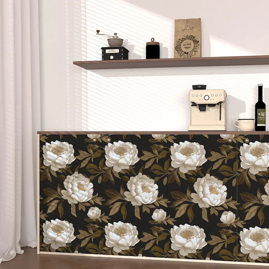 Peony Floral Wallpaper Peel and Stick Gold Leaf Contact Paper Modern Floral Wallpaper Self Adhesive Waterproof Boho Botanical Wall Paper for Room Shelves Cabinet Drawer Table Decor 17.5"x118"