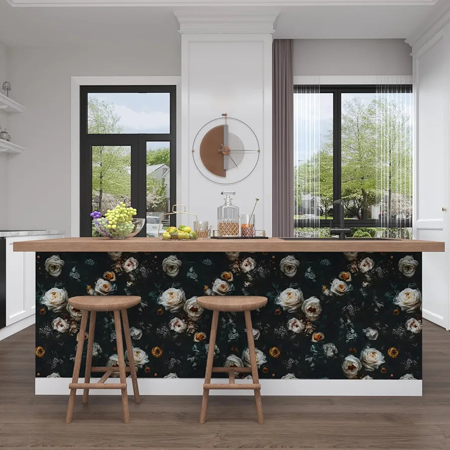 Black Floral Wallpaper Peel and Stick, White Golden Rose Flowers Contact Paper 17.5" x 118", Dark Botanical Wall Paper Removable Self Adhesive Waterproof for Room Shelves Cabinet Drawer Table Decor