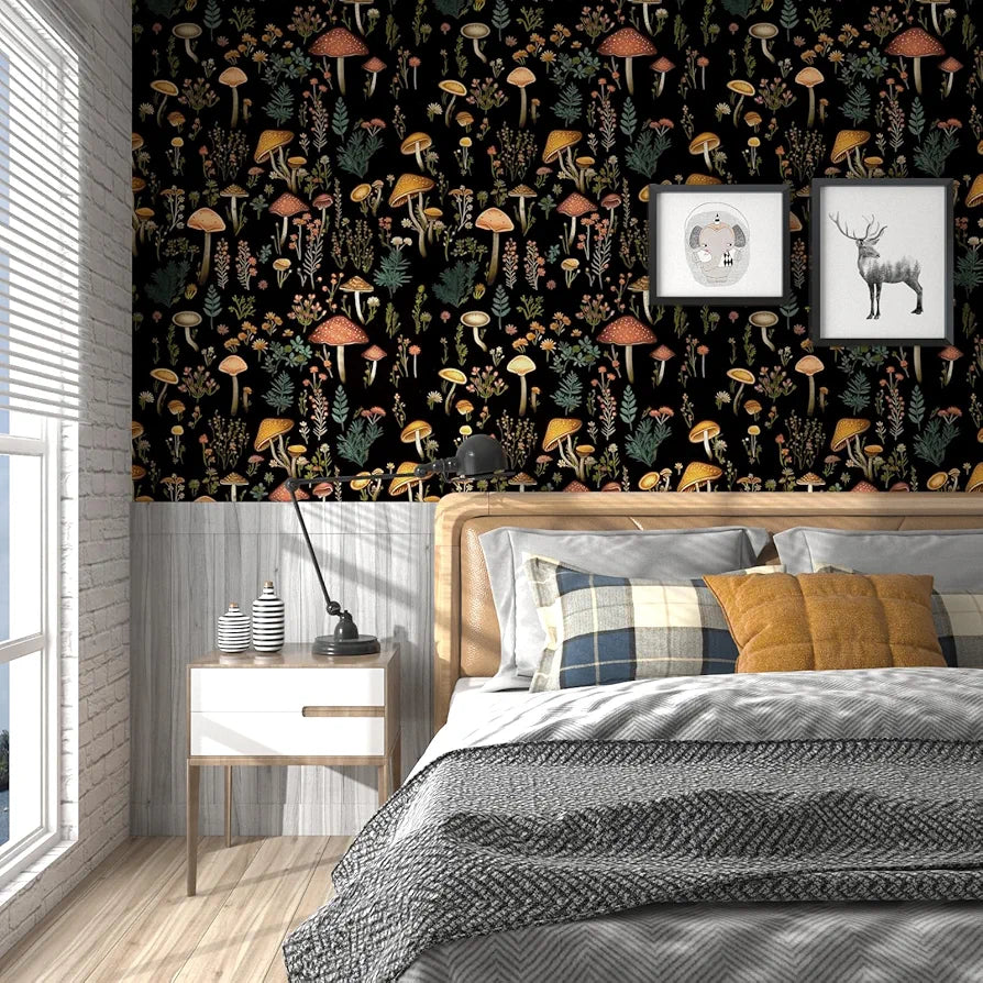Boho Mushroom Wallpaper Peel and Stick Floral Contact Paper 17.5in x 9.8ft Mural Vinyl Self Adhesive Removable Waterproof Vintage Botanical Wall Paper for Kid’s Room Walls Cabinets