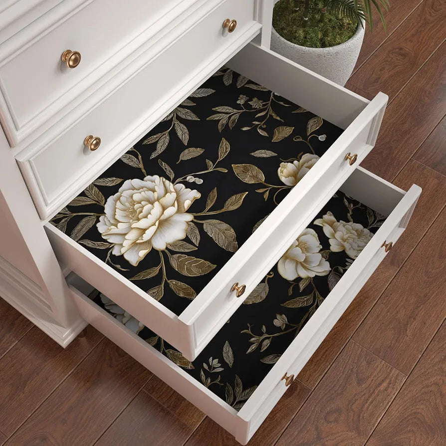Floral Wallpaper Peel and Stick, Black/Golden/White Peony Flowers Contact Paper, Botanical Wall Paper Self Adhesive Waterproof Removable for Room Shelves Cabinet Drawer Table Decor 17.5" x 118"