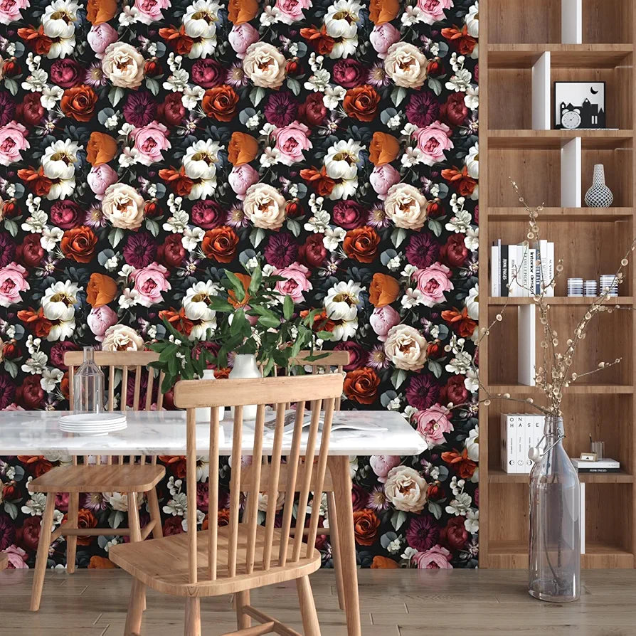Floral Wallpaper Peel and Stick, Rose Flowers Contact Paper 17.5" x 118", Modern Wall Paper Self Adhesive Removable Waterproof for Room Walls Shelves Cabinet Drawer Table Decor