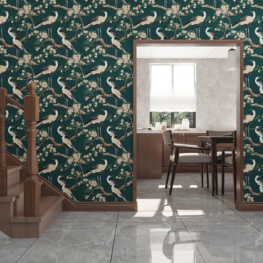 Dark Green Swan Peel and Stick Wallpaper, Crane Bird Floral Contact Paper 17.5 x 118in , Boho Vinyl Wall Paper Mural Removable Self-adhesive Waterproof for Bedroom Cabinet Shelf Drawer Renter Friendly