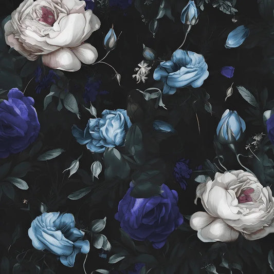 Dark Floral Peel and Stick Wallpaper, Black/Blue Vintage Floral Contact Paper, Waterproof Self Adhesive Boho Decor Black Rose Wall Paper for Bedroom Walls Bookcase Drawers 17.5in x 118in