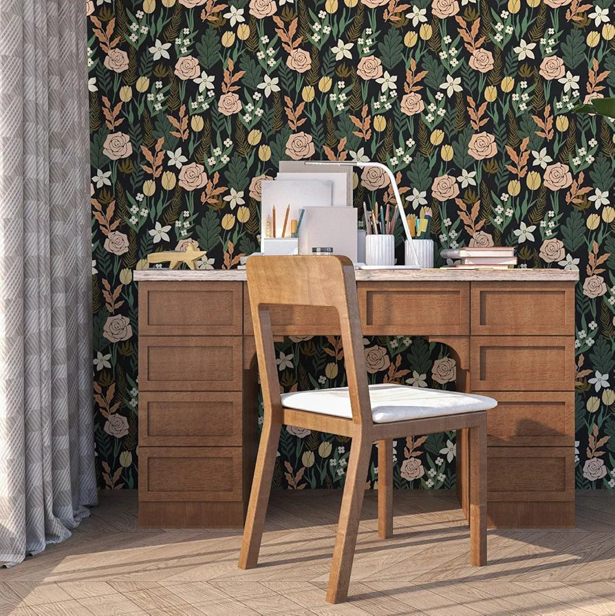 Boho Floral Wallpaper Peel and Stick, Rose Flowers Farmhouse Contact Paper, Black/Pink/Green Botanical Wall Paper Self Adhesive Waterproof Removable for Shelves Cabinet Drawer Table Decor 17.5" x 118"