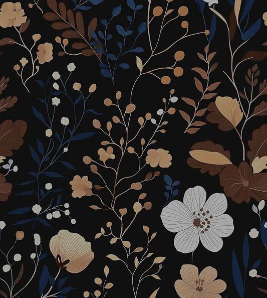 Dark Floral Wallpaper Peel and Stick, Black Gold/Blue Vintage Botanical Contact Paper, 17.5" x 118" Antique Boho Wall Paper Self Adhesive Removable Waterproof for Bedroom Cabinet Drawer Table Decor