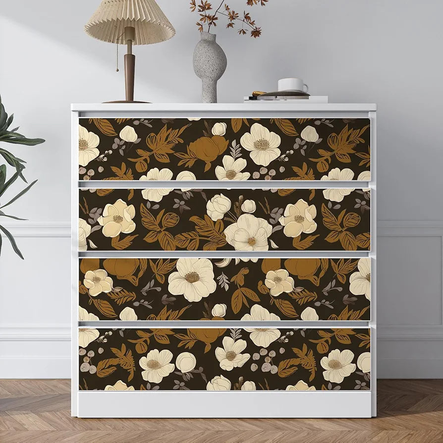 Dark Brwon Floral Wallpaper Peel and Stick, Beige Flower Contact Paper With Yellow Leaf, Botanical Wall Paper Self Adhesive Waterproof Removable for Room Shelves Cabinet Drawer Table 17.5" x 118"