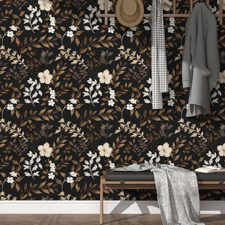 Laatse Black & Gold Floral Peel And Stick Wallpaper – 17.5x118in, Vintage Leaf Self-Adhesive Vinyl For Furniture & Walls