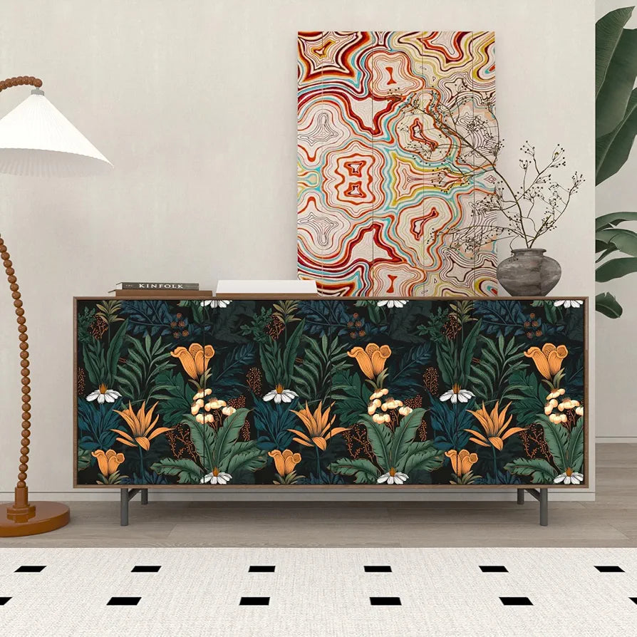 Boho Wallpaper Peel and Stick Dark Floral Contact Paper 17.5" x 118" Waterproof Self Adhesive Vintage Botanical Leaf Wall Paper for Bedroom Walls Cabinets Stairs
