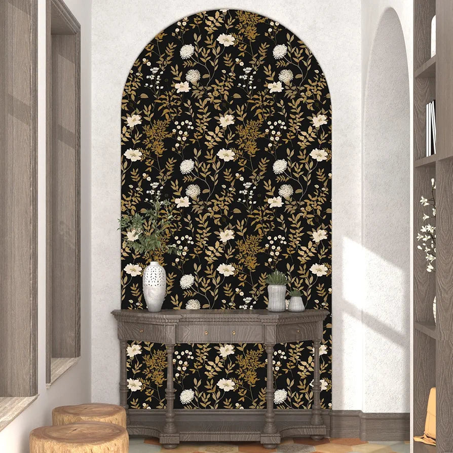 Dark Floral Peel and Stick Wallpaper 17.5in x118in Vintage Black Gold Leaf Wallpaper Vinyl Waterproof Self-Adhesive Boho Botanical Wall Paper Mural for Kitchen Countertop Locker Walls
