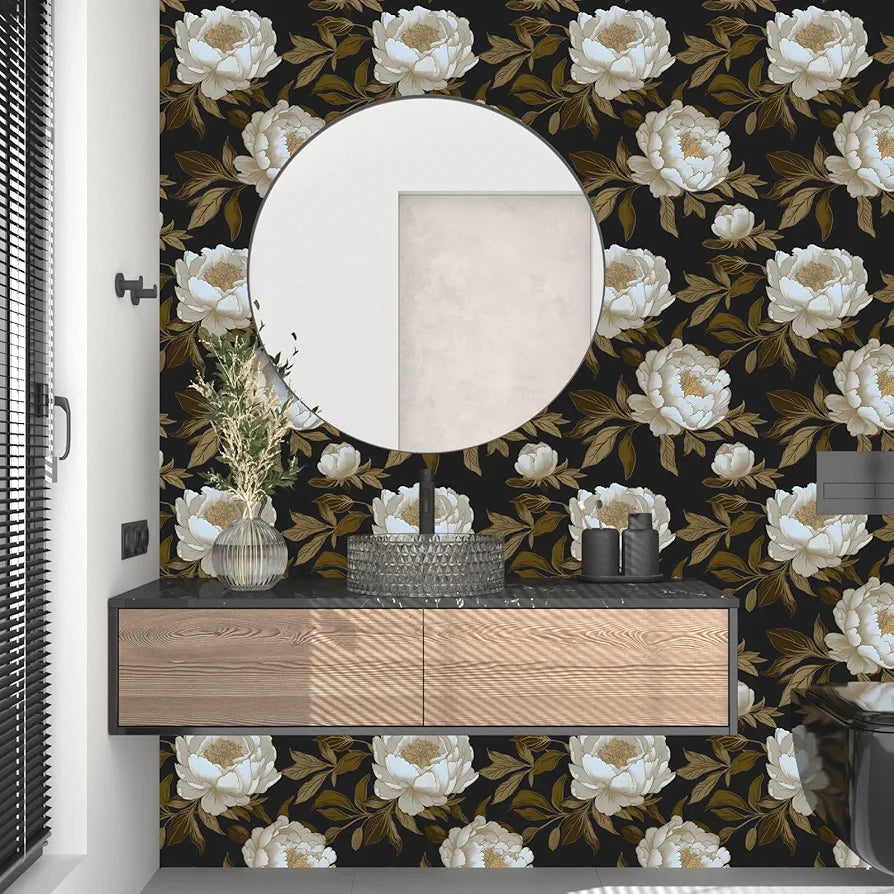 Peony Floral Wallpaper Peel and Stick Gold Leaf Contact Paper Modern Floral Wallpaper Self Adhesive Waterproof Boho Botanical Wall Paper for Room Shelves Cabinet Drawer Table Decor 17.5"x118"