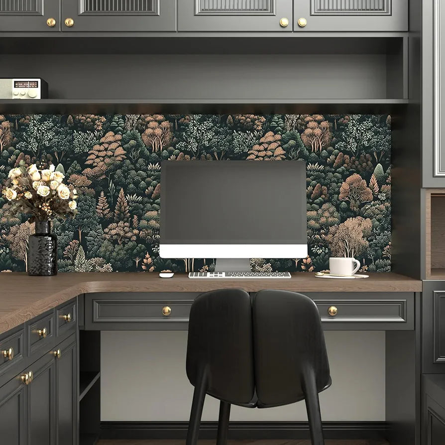 Dark Forest Wallpaper Peel and Stick Woodland Tree Mountains Wall Mural Boho Wallpaper 17.5"x118" Waterproof Self-Adhesive Removable Modern Floral Wall Paper for Cabinet Bathroom Walls Decor