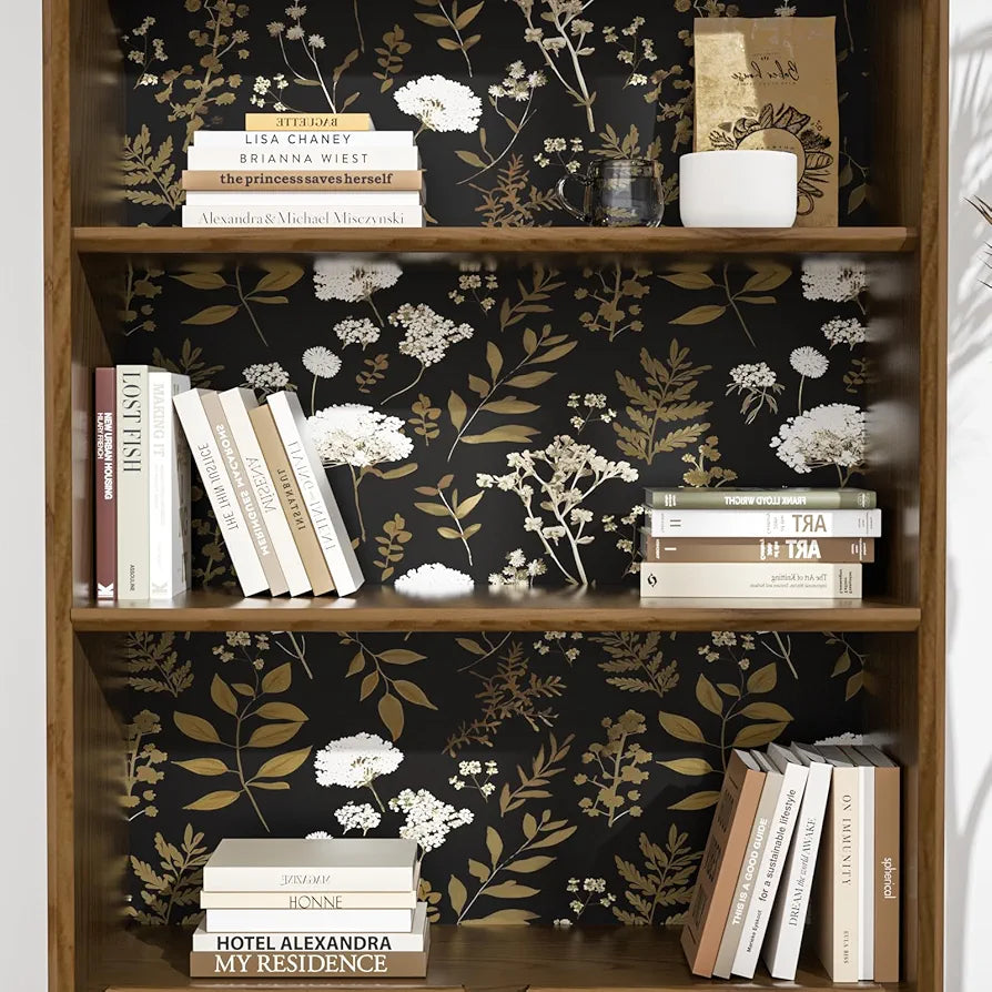 Dark Floral Wallpaper Peel and Stick Boho Wallpaper 17.5in x 118in Vintage Leaf Contact Paper Vinyl Waterproof Self Adhesive Leaf Botanical Wall Paper for Bedroom Walls Kitchen Cabinet