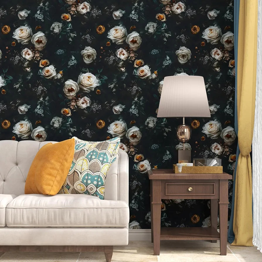 Black Floral Wallpaper Peel and Stick, White Golden Rose Flowers Contact Paper 17.5" x 118", Dark Botanical Wall Paper Removable Self Adhesive Waterproof for Room Shelves Cabinet Drawer Table Decor
