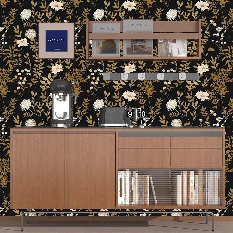 Dark Floral Peel and Stick Wallpaper 17.5in x118in Vintage Black Gold Leaf Wallpaper Vinyl Waterproof Self-Adhesive Boho Botanical Wall Paper Mural for Kitchen Countertop Locker Walls
