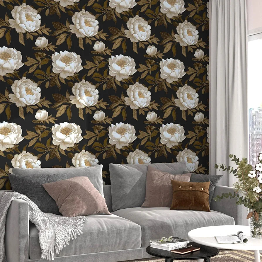 Peony Floral Wallpaper Peel and Stick Gold Leaf Contact Paper Modern Floral Wallpaper Self Adhesive Waterproof Boho Botanical Wall Paper for Room Shelves Cabinet Drawer Table Decor 17.5"x118"